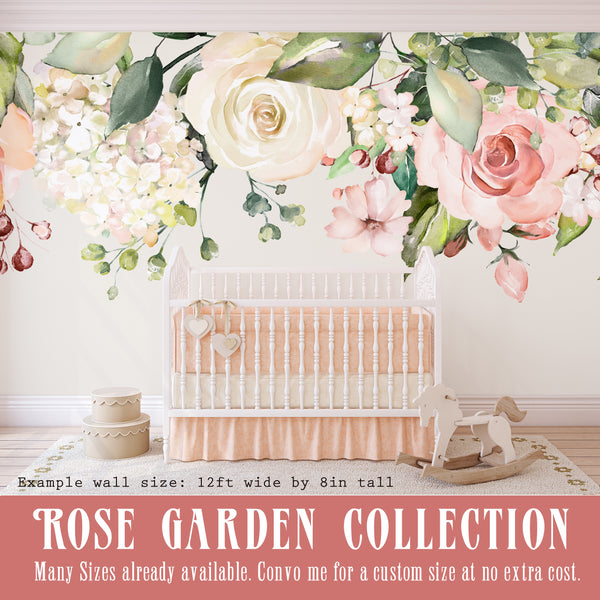 EMMA Rose Garden Pink & White Watercolor Flowers Wall Decals