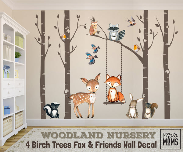 Fabric Wall Decal Set 4 Birch TREES Woodland Nursery Fox & Friends