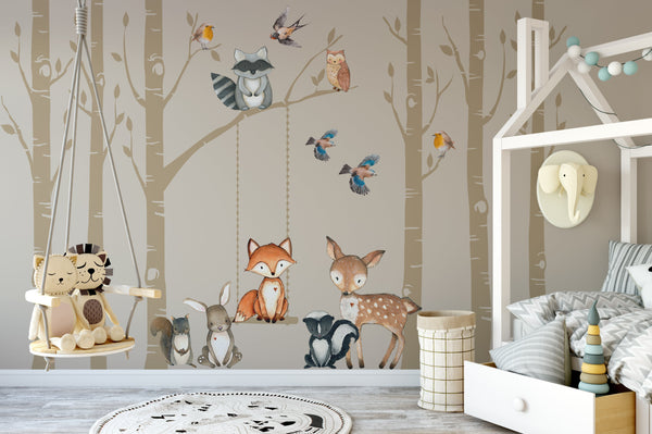 FABRIC WALL DECAL SET Woodland Nursery 6 Birch TREES Fox & Friends