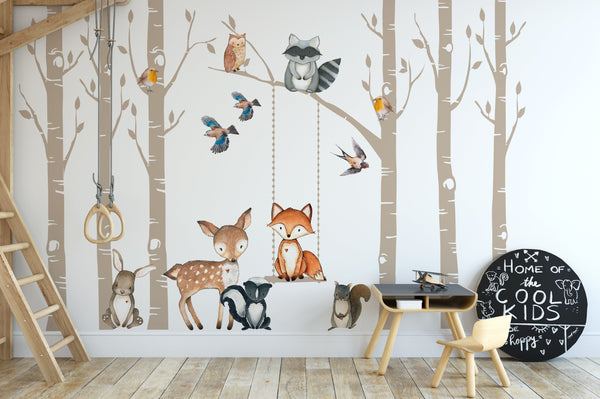 FABRIC WALL DECAL SET Woodland Nursery 6 Birch TREES Fox & Friends