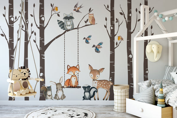 FABRIC WALL DECAL SET Woodland Nursery 6 Birch TREES Fox & Friends