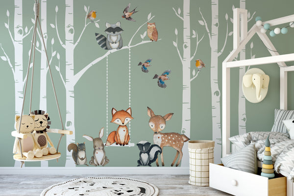 FABRIC WALL DECAL SET Woodland Nursery 6 Birch TREES Fox & Friends