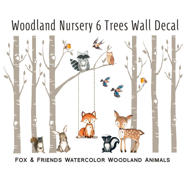 FABRIC WALL DECAL SET Woodland Nursery 6 Birch TREES Fox & Friends