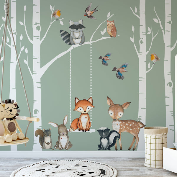 FABRIC WALL DECAL SET Woodland Nursery 6 Birch TREES Fox & Friends