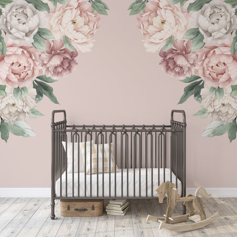 Pink & White PEONY CORNERS Watercolor Flowers Wall Decals