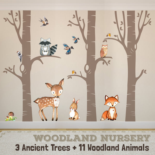 Woodland Nursery Wall Decor 3 Ancient TREES Fox & Friends Wall Decal