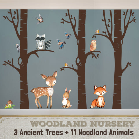 Woodland Nursery Wall Decor 3 Ancient TREES Fox & Friends Wall Decal