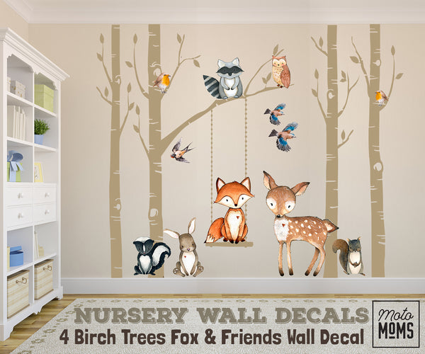 Woodland Nursery Wall Decor 4 Birch TREES Fox & Friends Wall Decal