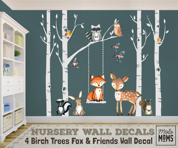 Woodland Nursery Wall Decor 4 Birch TREES Fox & Friends Wall Decal
