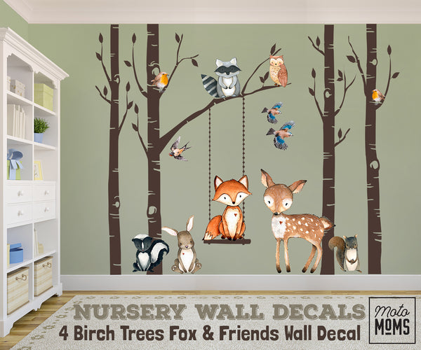 Woodland Nursery Wall Decor 4 Birch TREES Fox & Friends Wall Decal