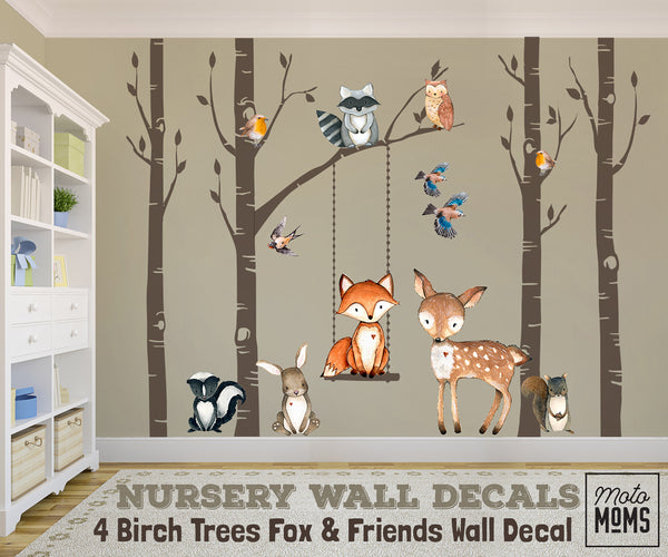 Woodland Nursery Wall Decor 4 Birch TREES Fox & Friends Wall Decal