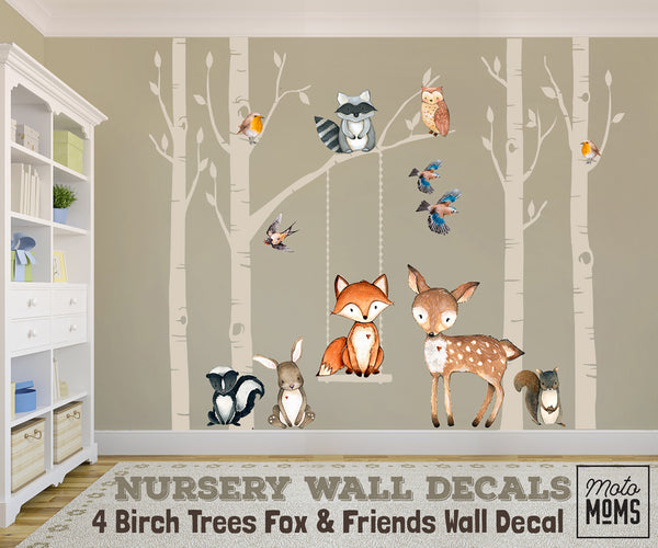 Woodland Nursery Wall Decor 4 Birch TREES Fox & Friends Wall Decal