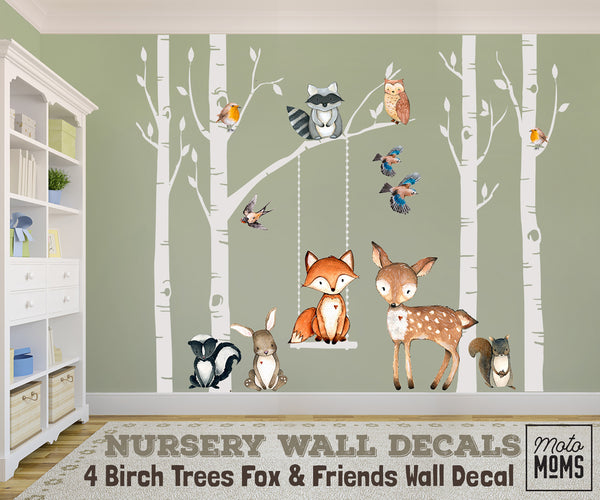 Woodland Nursery Wall Decor 4 Birch TREES Fox & Friends Wall Decal