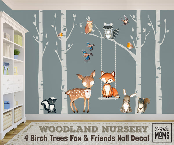 Woodland Nursery Wall Decor 4 Birch TREES Fox & Friends Wall Decal