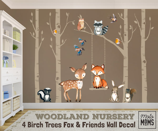 Woodland Nursery Wall Decor 4 Birch TREES Fox & Friends Wall Decal