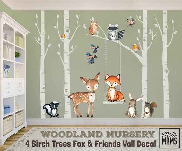 Woodland Nursery Wall Decor 4 Birch TREES Fox & Friends Wall Decal