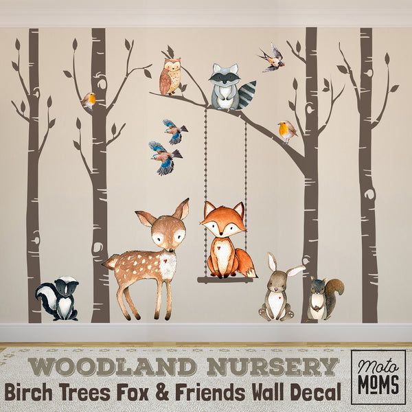 Woodland Nursery Wall Decor 4 Birch TREES Fox & Friends Wall Decal