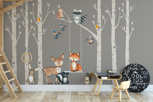 Woodland Nursery Wall Decor 6 Birch TREES Fox & Friends Wall Decal