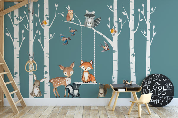 Woodland Nursery Wall Decor 6 Birch TREES Fox & Friends Wall Decal