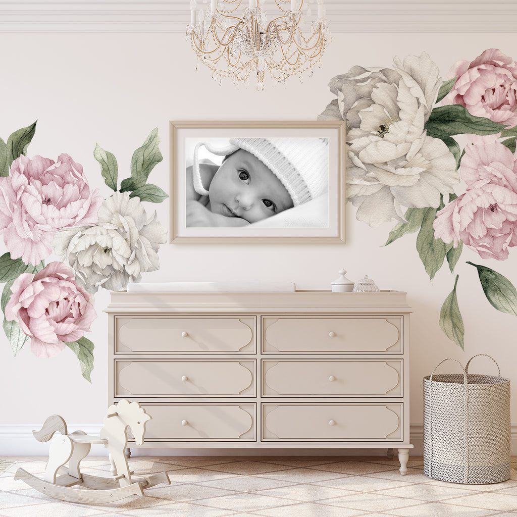 6 Peonies & Greenery Floral Wall Decals White Pink Flowers