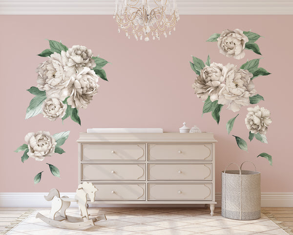Peonies Floral Blossom Wall Decals White Roses & Greenery