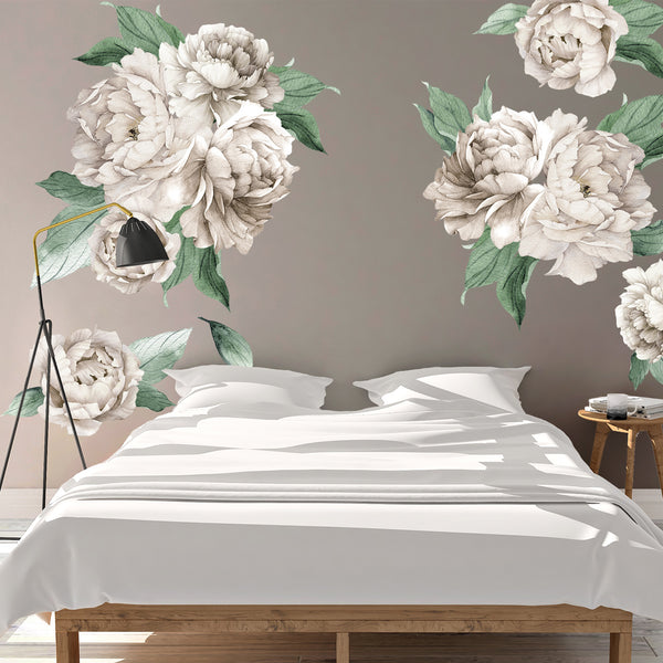 Peonies Floral Blossom Wall Decals White Roses & Greenery