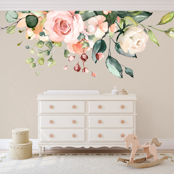 AVA Rose Garden Pink & White Watercolor Mural Flowers Wall Decal