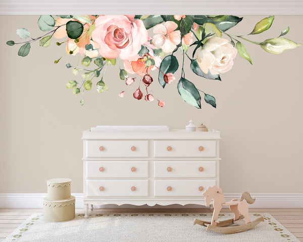 AVA Rose Garden Pink & White Watercolor Mural Flowers Wall Decal