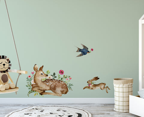 Floral Woodland Animals Nursery Deer Bunny Bird Wall Decal