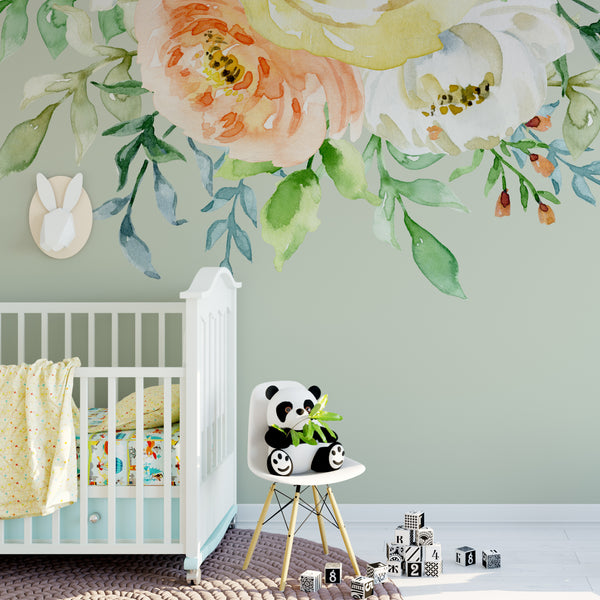 MIA Pastel Watercolor Flowers Coral White Yellow Peonies Wall Decal