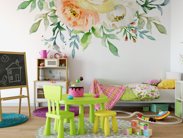 MIA Pastel Watercolor Flowers Coral White Yellow Peonies Wall Decal