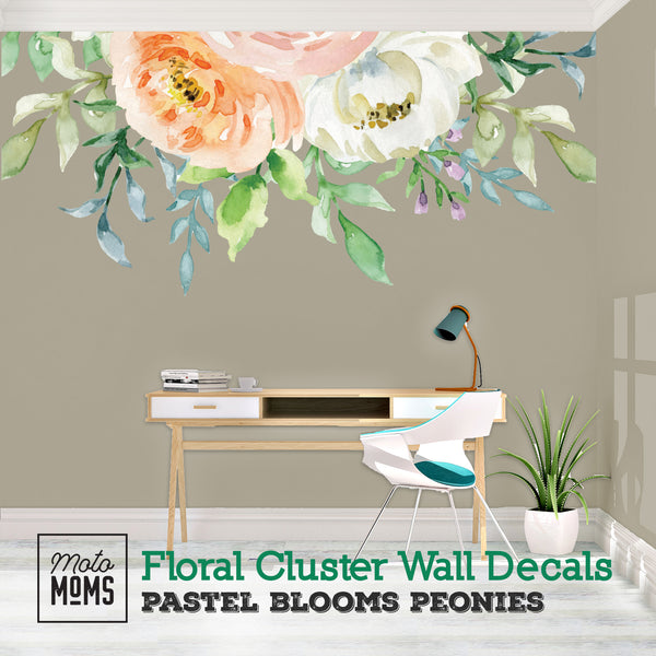 ABIGAIL Pastel Watercolor Flowers Pink Coral White Peonies Wall Decal