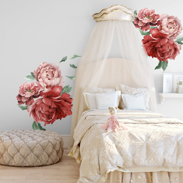 6 Peonies & Greenery Floral Wall Decals Blush Pink Flowers