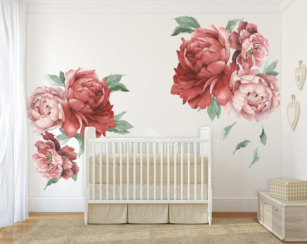 6 Peonies & Greenery Floral Wall Decals Blush Pink Flowers