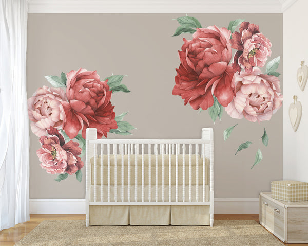 6 Peonies & Greenery Floral Wall Decals Blush Pink Flowers