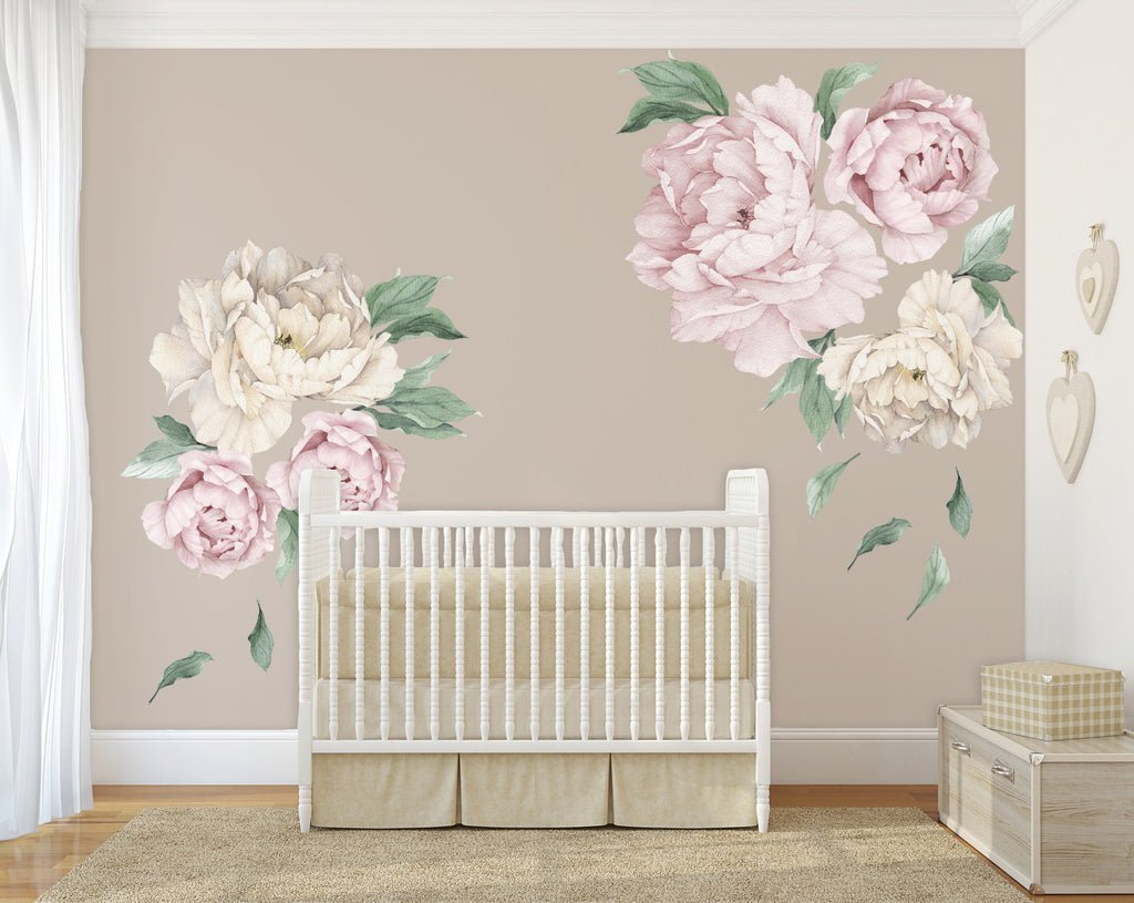 Decalcomania Flower Wall Decals - Set of 19 Pink White Rose Floral Bouquet  Wall Stickers for Nursery Bedroom Living Room Decor Removable Peel and