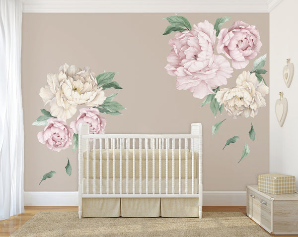 6 Peonies & Greenery Floral Wall Decals White Pink Flowers