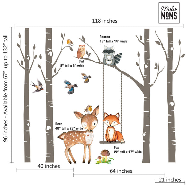 Woodland Nursery Wall Decor 4 Birch TREES Fox & Friends Wall Decal