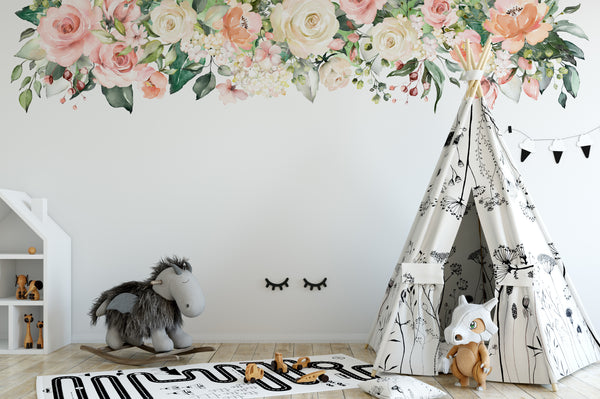 ZOEY Rose Garden Pink & White Watercolor Flowers Mural Wall Decal