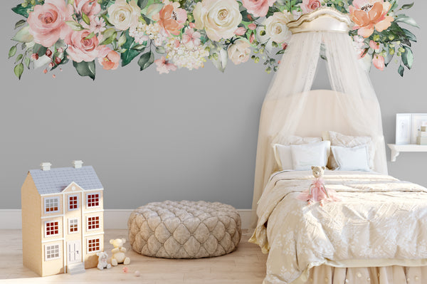ZOEY Rose Garden Pink & White Watercolor Flowers Mural Wall Decal