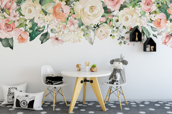 ZOEY Rose Garden Pink & White Watercolor Flowers Mural Wall Decal