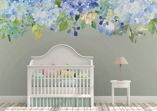SERENITY POND Watercolor Flowers Wall Decals Blue Green Mint Lavender