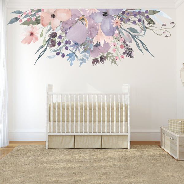 WILD SPRING GARDEN Border Pink Lavender Watercolor Flowers Wall Decal