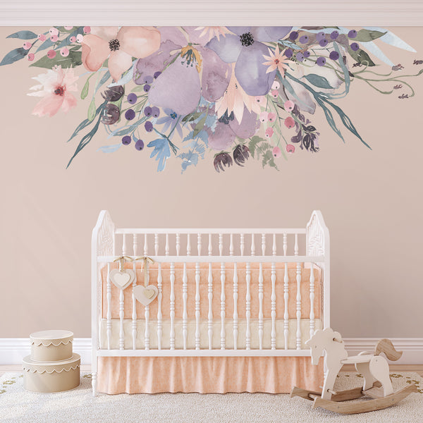 WILD SPRING GARDEN Border Pink Lavender Watercolor Flowers Wall Decal