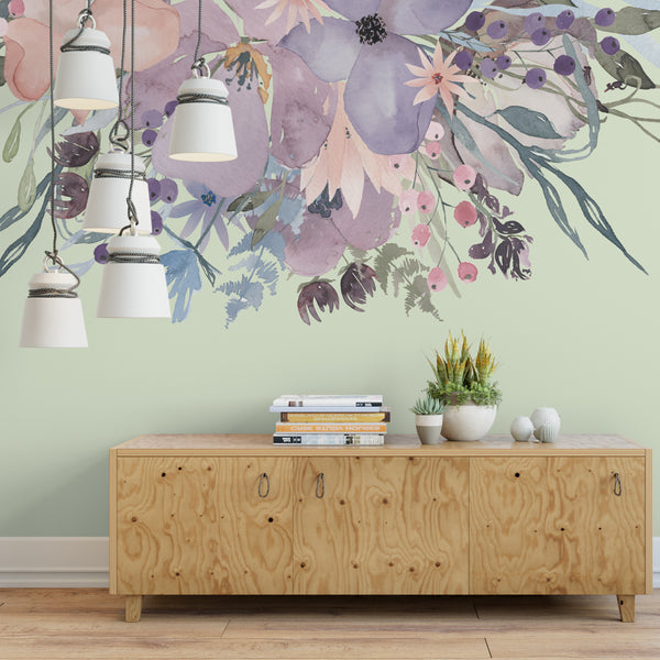 WILD SPRING GARDEN Border Pink Lavender Watercolor Flowers Wall Decal