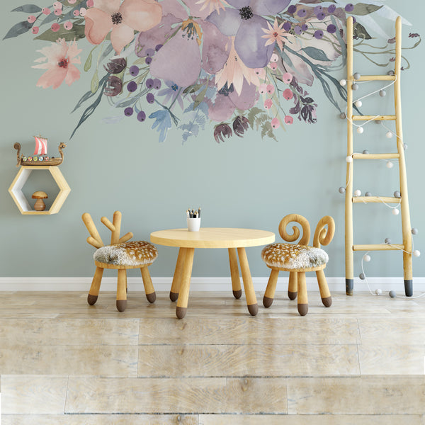 WILD SPRING GARDEN Border Pink Lavender Watercolor Flowers Wall Decal