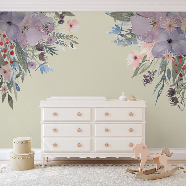 WILD SUMMER GARDEN CORNERS Lavender Pink Watercolor Flowers Wall Decals