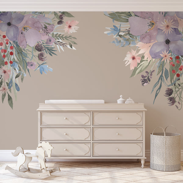 WILD SUMMER GARDEN CORNERS Lavender Pink Watercolor Flowers Wall Decals