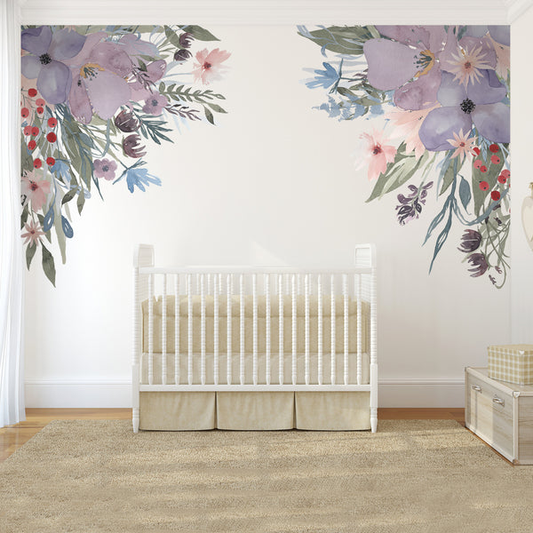 WILD SUMMER GARDEN CORNERS Lavender Pink Watercolor Flowers Wall Decals
