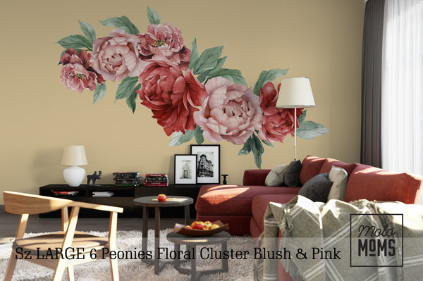 6 Peonies & Greenery Floral Wall Decals Blush Pink Flowers